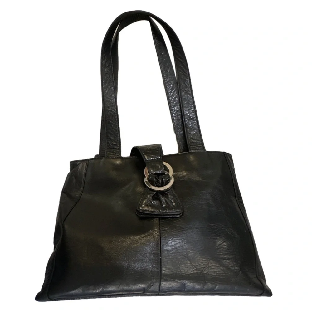 M London Black Leather 2 strap shoulder bag satchel tote Purse
